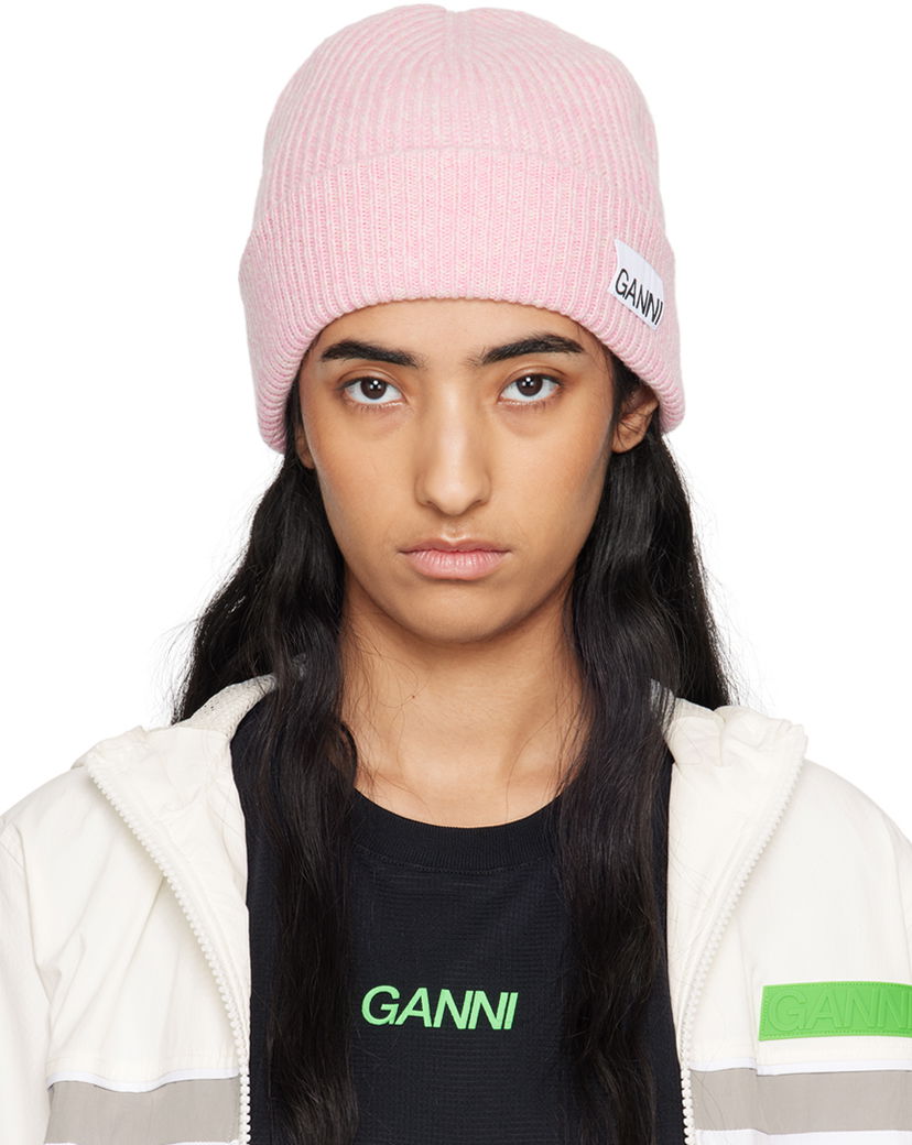 Шапка GANNI Fitted Wool Rib Knit Beanie Розово | A6057