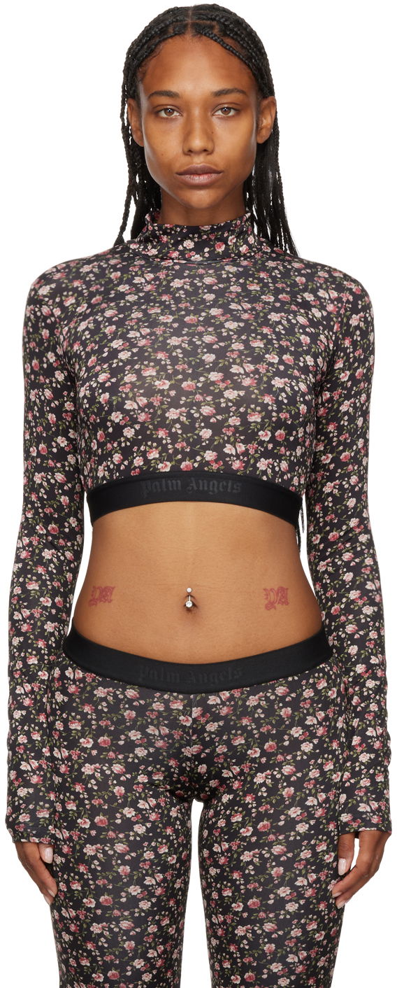 Съкратен топ Palm Angels Floral Print Long Sleeve Crop Top Черно | PWAD040F22FAB0031030, 0