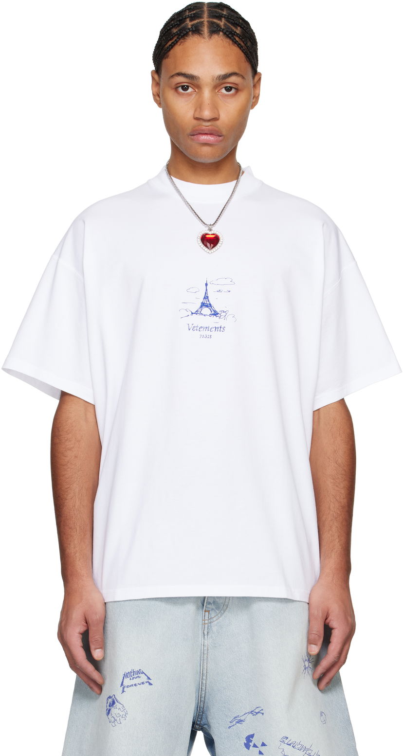 Тениска VETEMENTS Scribbled Paris Print T-Shirt Бяло | UA66TR705W