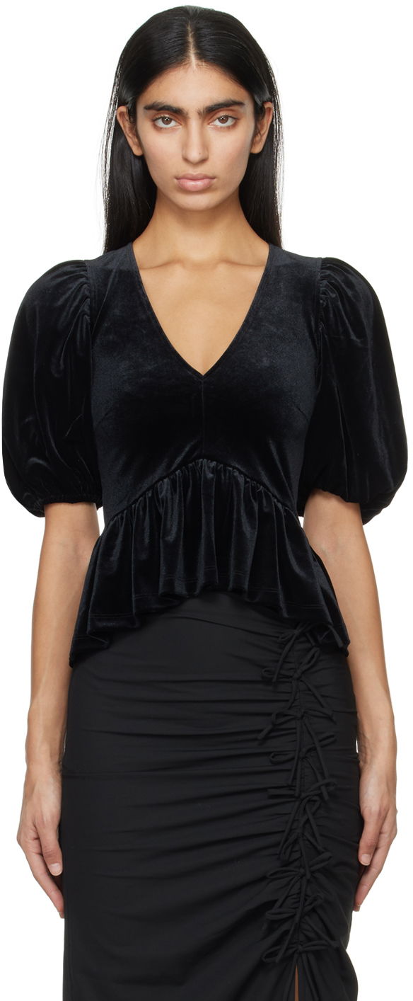 Риза GANNI Velvet V-Neck Peplum Top Черно | T3835, 0