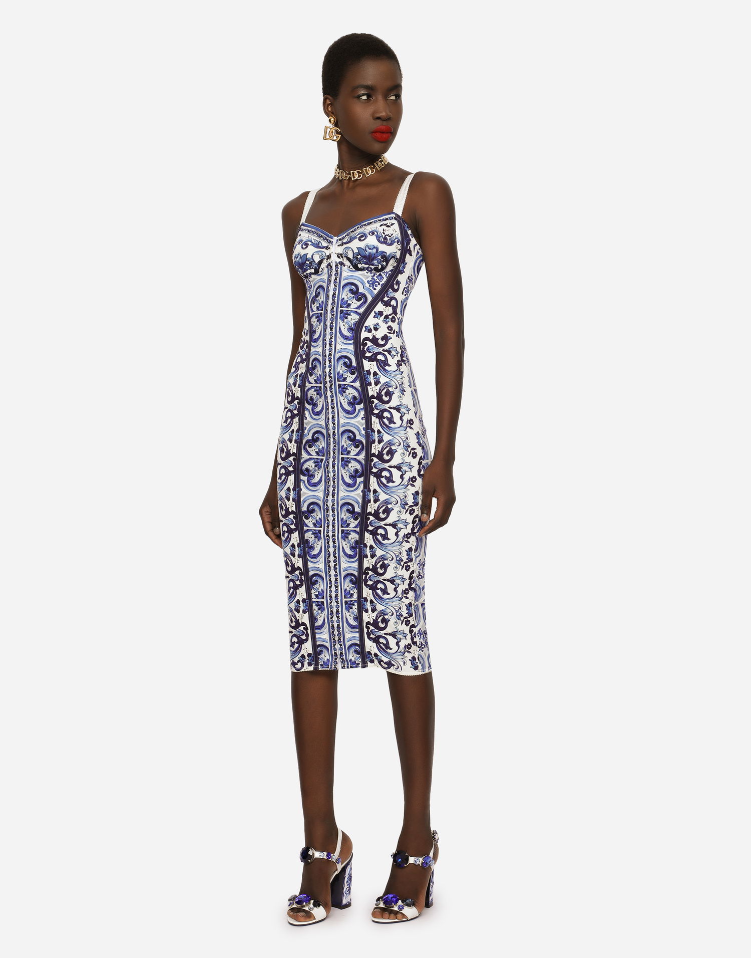 Pокля Dolce & Gabbana Dolce & Gabbana Majolica Print Charmeuse Bustier Midi Dress Синьо | F6R3OTHPABOHA3TN, 1