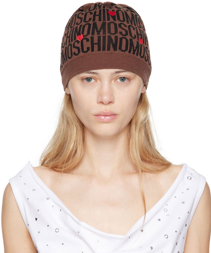 Шапка Moschino Brown Hearts Embroidery Jacquard Beanie Кафяво | 2426M9207 8272 2103