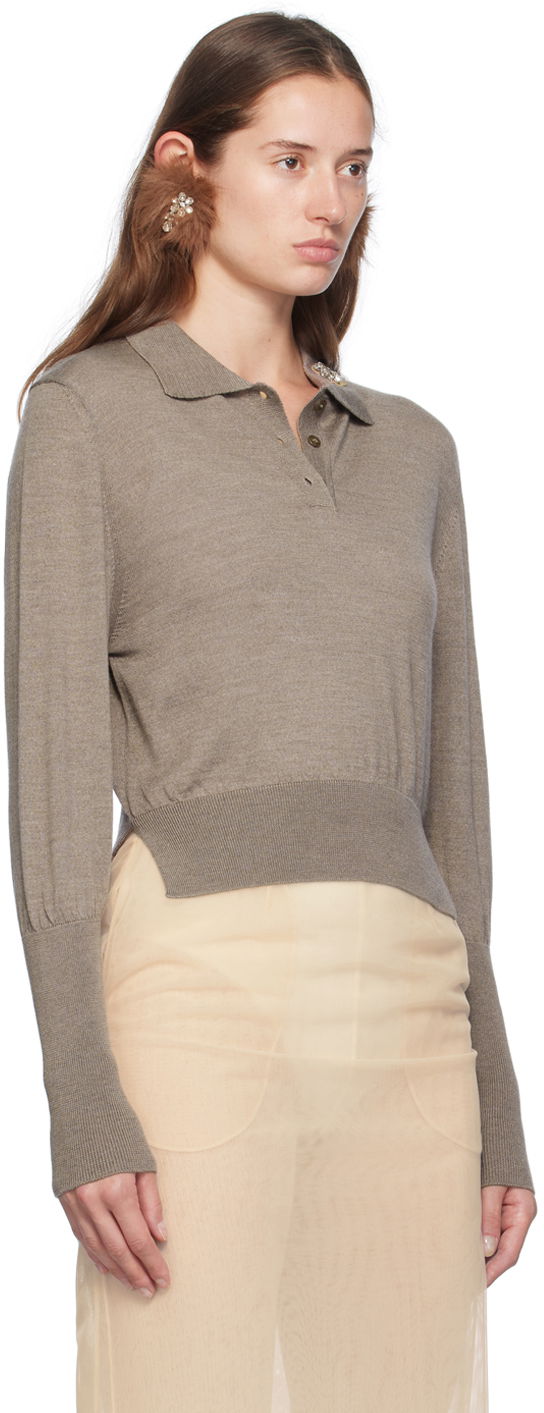 Поло тениска Simone Rocha Simone Rocha Merino Silk Knit Long Sleeve Polo Кафяво | KMK4B 0647, 1