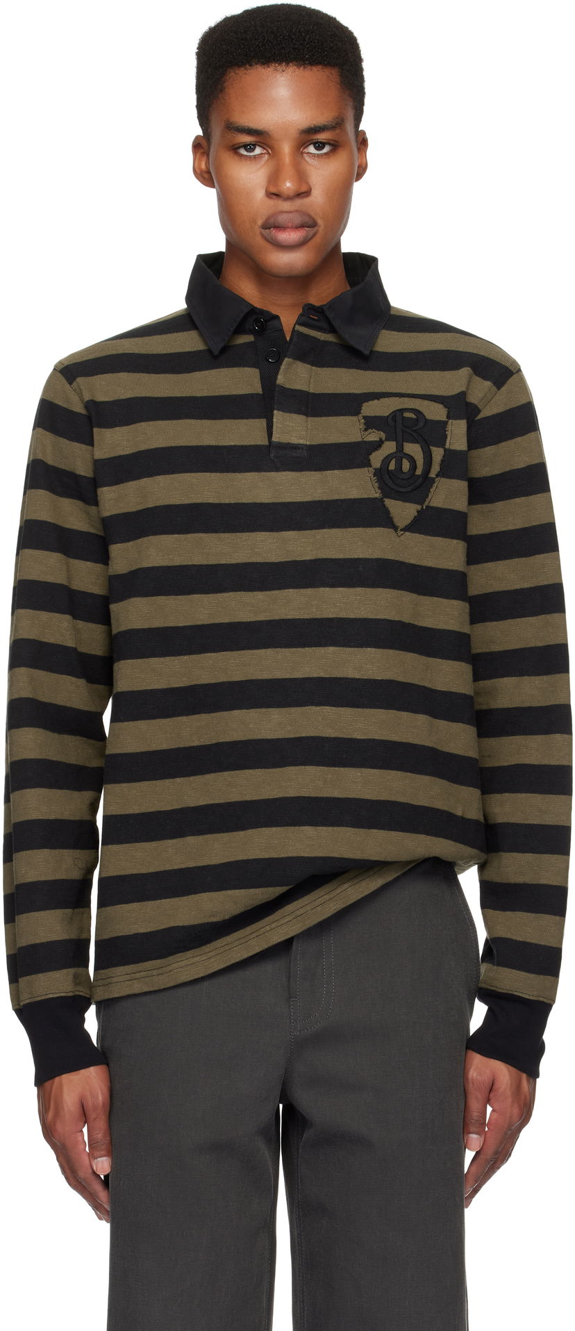 Поло тениска Burberry Striped Cotton Long-Sleeve Polo Зелено | 8097596