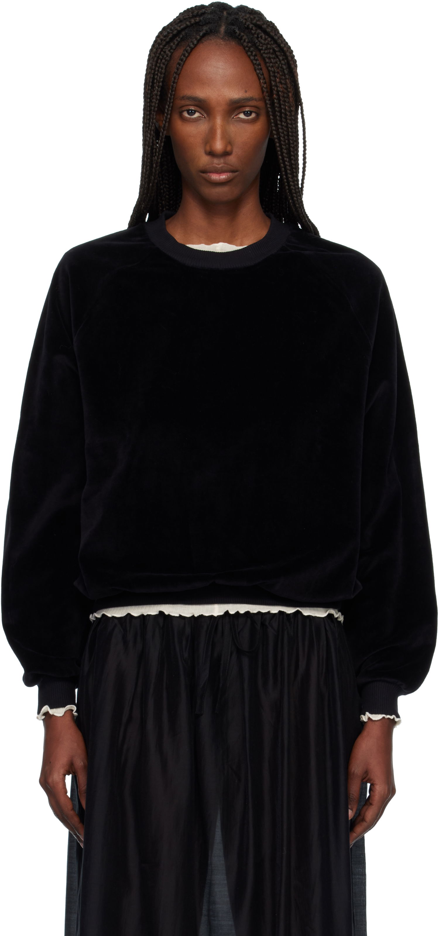 Суитчър Baserange Velvet Raglan Sweatshirt with Ruffle Trim Черно | PURR-VE-WI25, 0