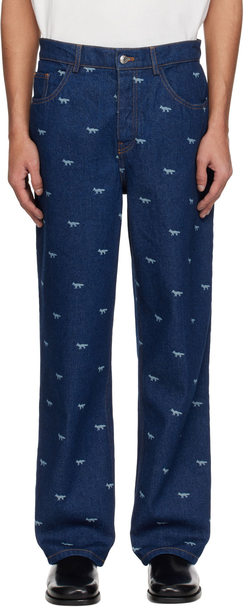 Дънки MAISON KITSUNÉ Maison Kitsuné Fox Print Relaxed Jeans Синьо | OM01105WD4014