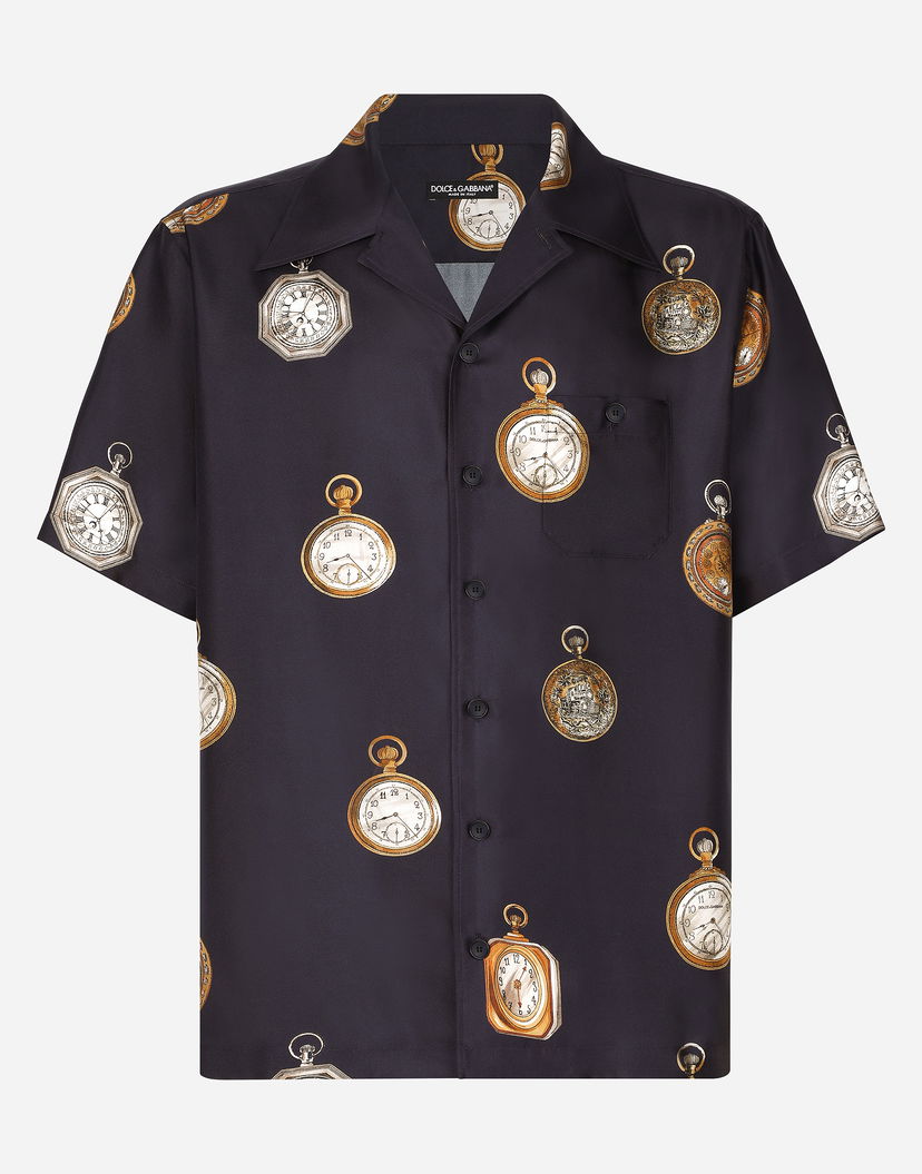 Риза Dolce & Gabbana Silk Twill Hawaiian Shirt With Watch Print Черно | G5JH9TIS1VFHB5EP