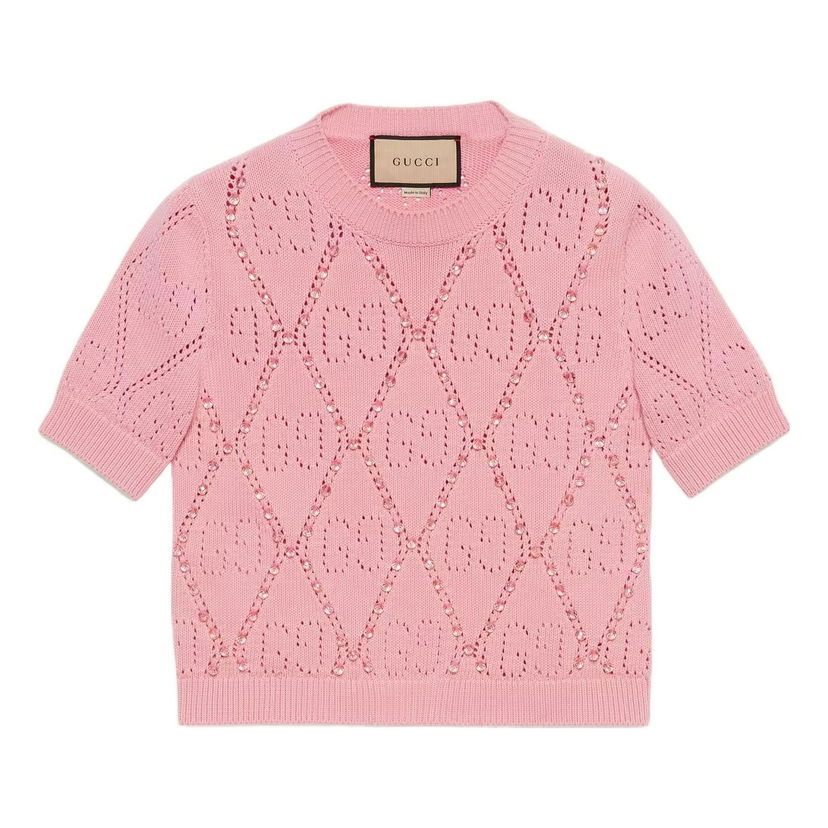 Съкратен топ Gucci GG Cotton Beaded T-Shirt Розово | 691710-XKCAT-5307