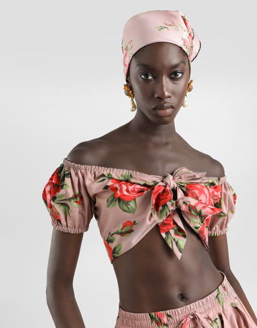 Съкратен топ Dolce & Gabbana Rose Bouquet-print Cotton Off-the-Shoulder Cropped Top with Front Ties Многоцветен | F7AV0THS5UTHF5ZN, 3