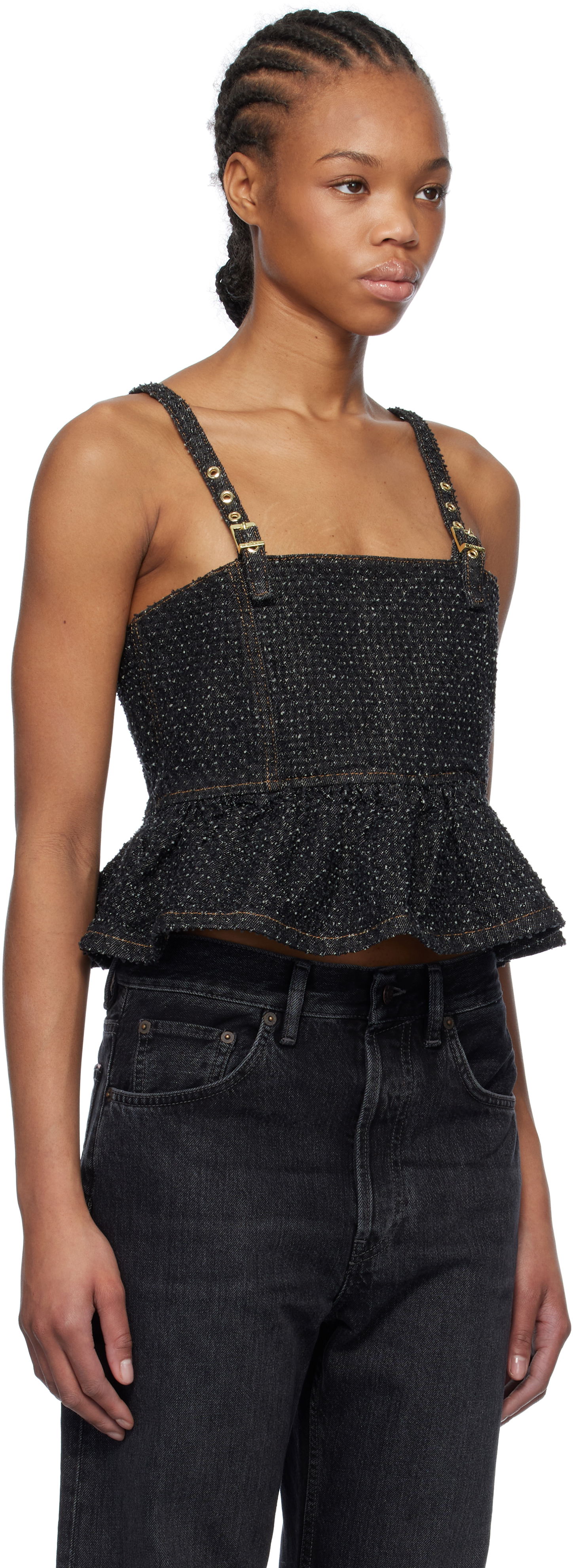 Съкратен топ GANNI Ganni Fluffy Denim Strap Top Черно | J1615, 1