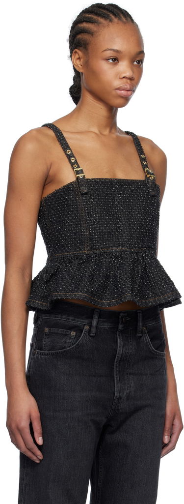 Съкратен топ GANNI Ganni Fluffy Denim Strap Top Черно | J1615, 1