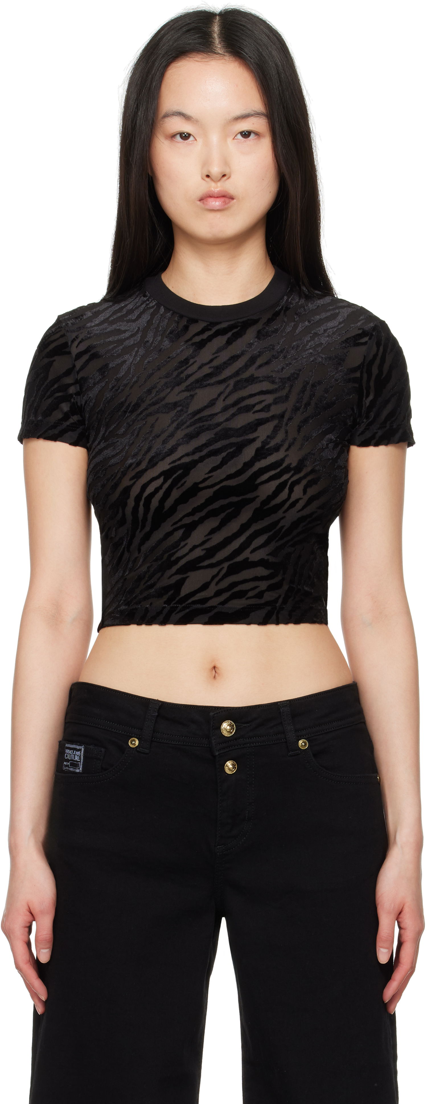 Съкратен топ Versace Versace Jeans Couture Zebra Devoré Crop T-Shirt Черно | E78HAH602_EJ0191, 0