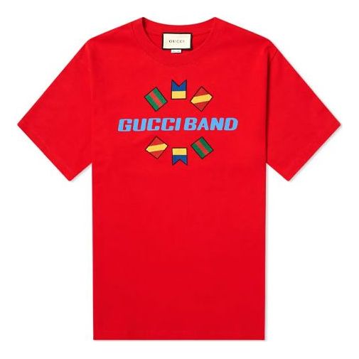 Тениска Gucci Gucci Band Flag Embroidered T-Shirt Червено | 565806-XJB2W-6229