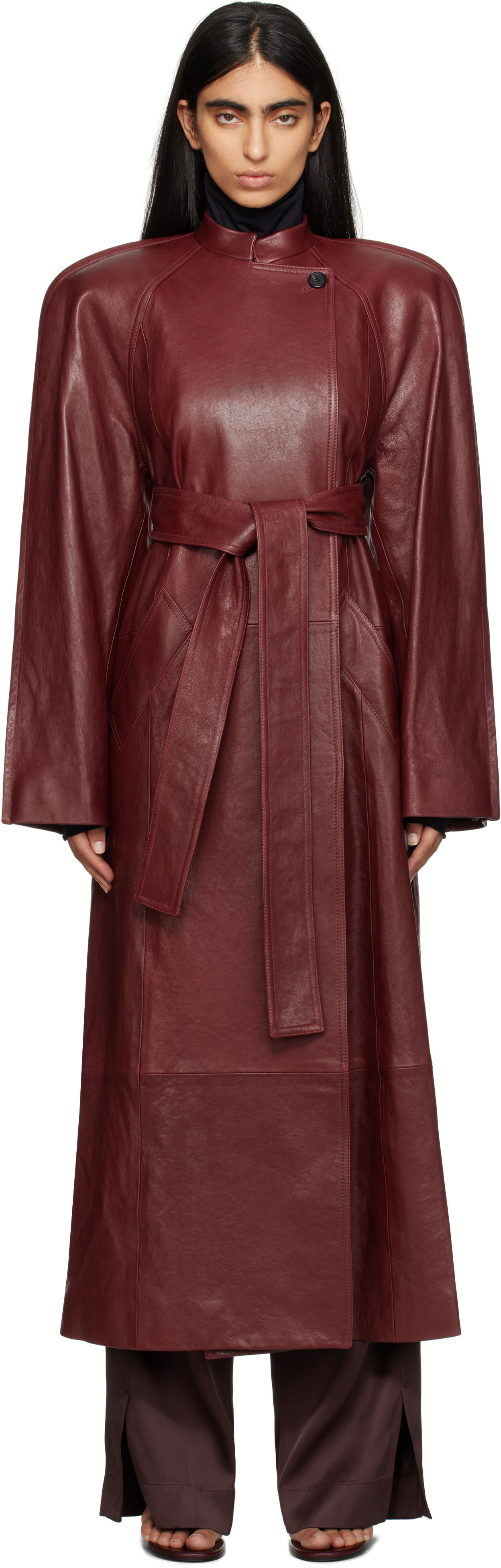 Тренчкот Khaite Leather Trench Coat With Belt Червено | 7118843, 0