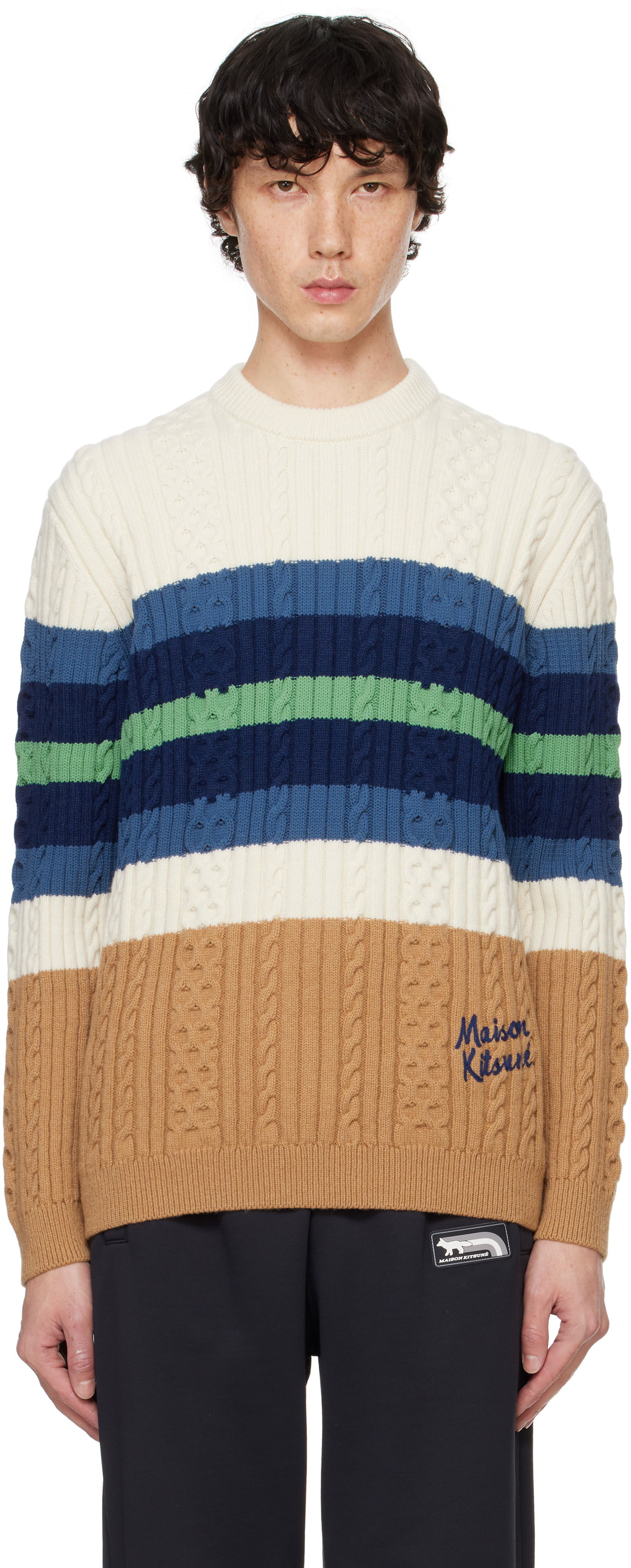 Пуловер MAISON KITSUNÉ Striped Cable Crewneck Sweater Многоцветен | NM00804KH0001, 0