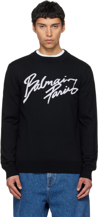 Пуловер Balmain Merino Wool Crewneck Sweater with Cursive Paris Logo Черно | GH1KD000KJ61, 0