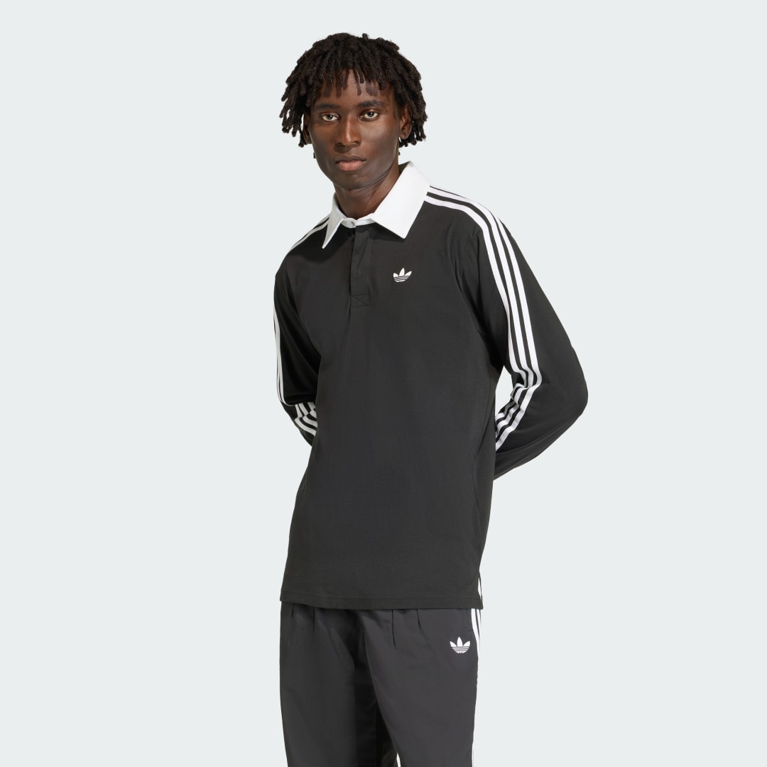 Поло тениска adidas Performance Long Sleeve 3-Stripes Rugby Polo Shirt Черно | KE3576, 0