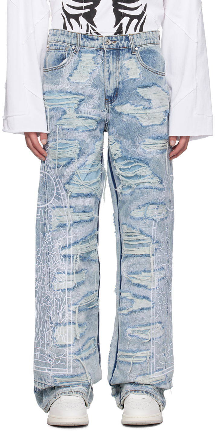 Дънки Who Decides War Distressed Embroidered Straight-Leg Jeans Синьо | 1120650008SS24