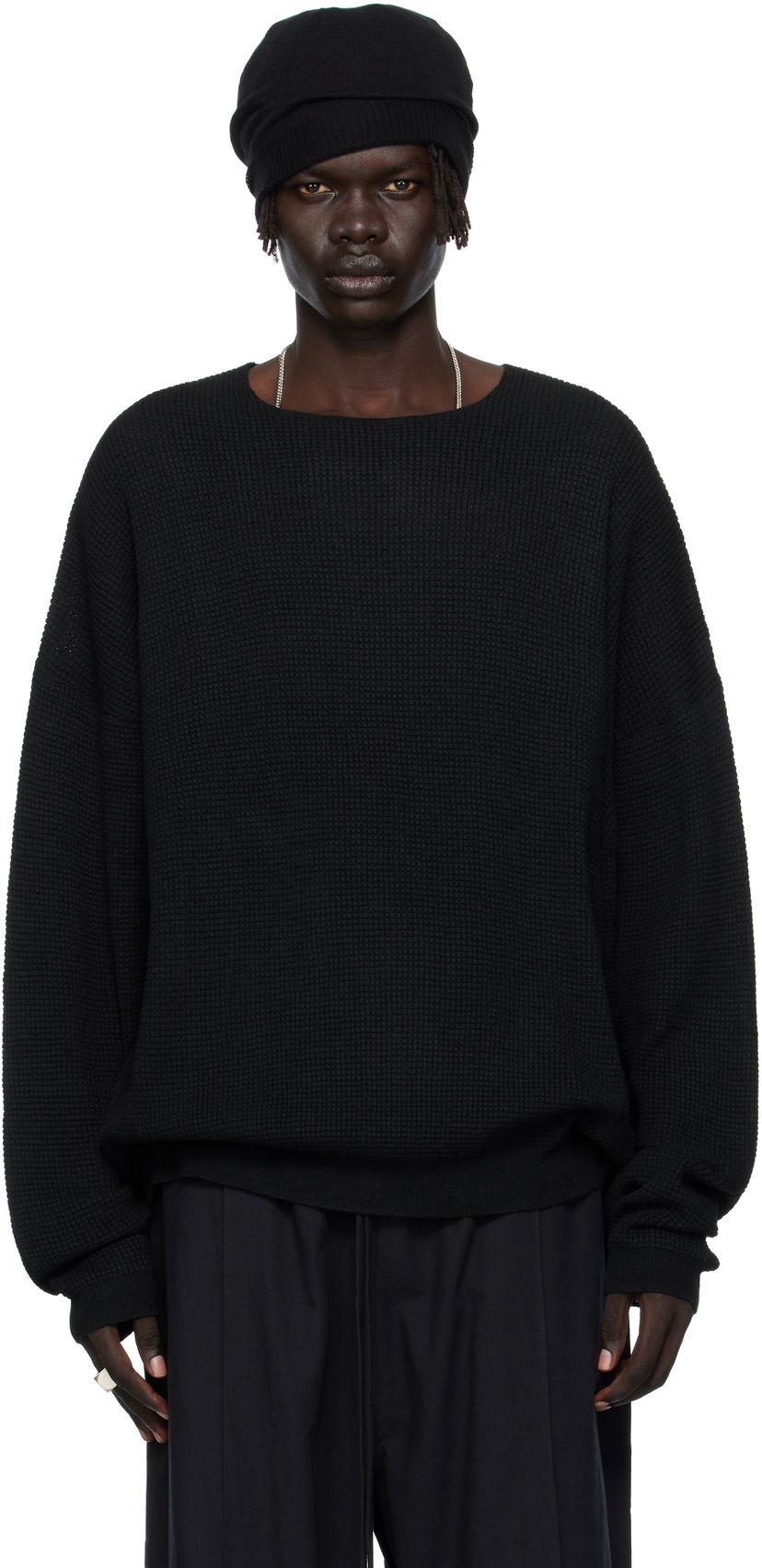 Пуловер Fear of God Fear of God ESSENTIALS Waffle Knit Long Sleeve Crewneck Sweatshirt Черно | 192SP256160F