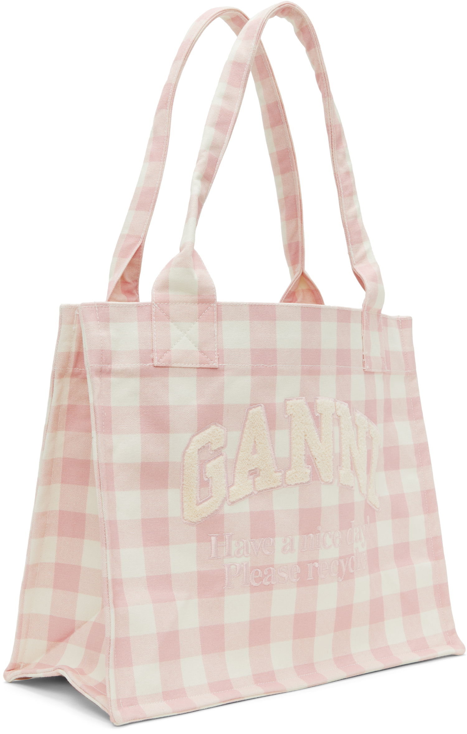 Голяма пазарска чанта GANNI Vichy Check Large Slogan Tote Розово | A6893, 1