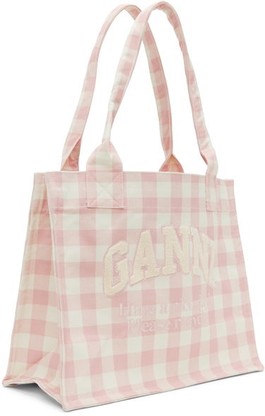 Голяма пазарска чанта GANNI Vichy Check Large Slogan Tote Розово | A6893, 1