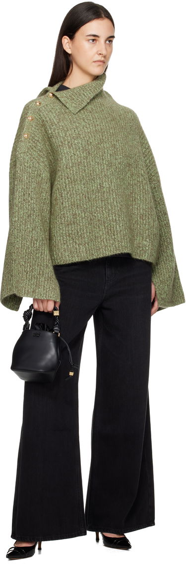 Пуловер GANNI Mohair Rib Knit Sweater with Asymmetric Collar and Shoulder Buttons Зелено | K2556, 3