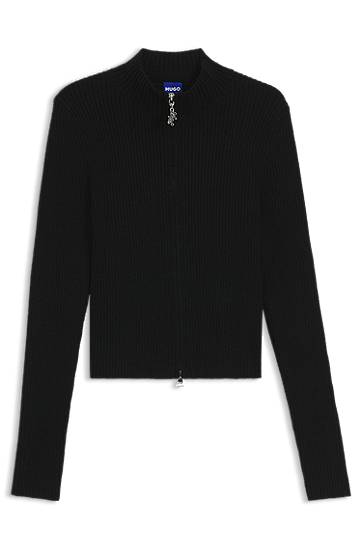 Пуловер BOSS Ribbed cardigan with logo-puller zip Черно | 50548140