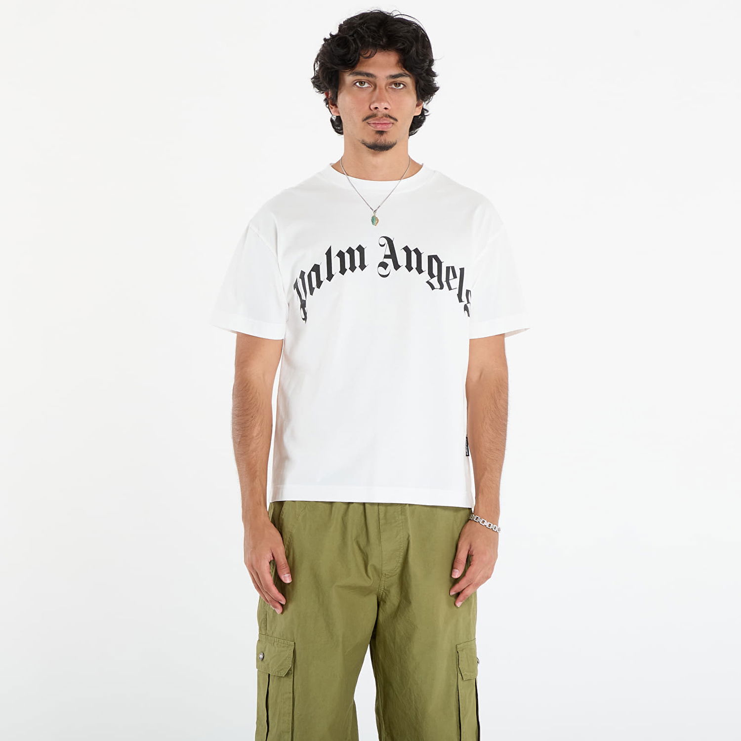 Тениска Palm Angels Palm Angels Curved Logo Regular T-Shirt Бяло | PMAA109F25JER0030310, 0