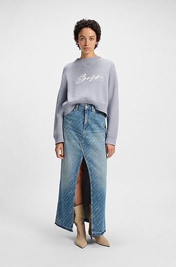 Пуловер BOSS Cropped Cotton Sweater with Embroidered Logo Сиво | 50543979, 1