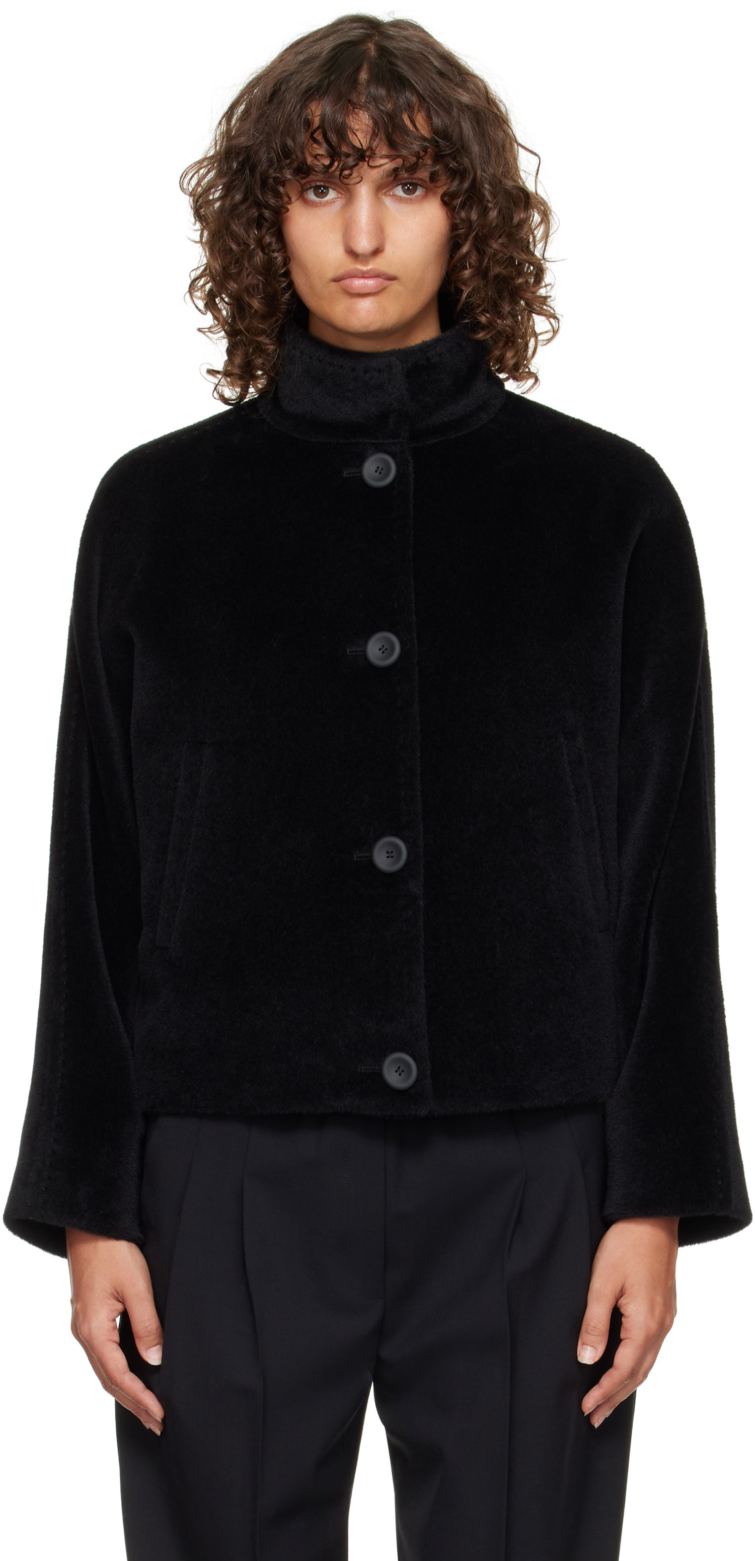 Яке Max Mara Caladio Cropped Textured High Neck Button-Up Jacket Черно | 2526086091600, 0