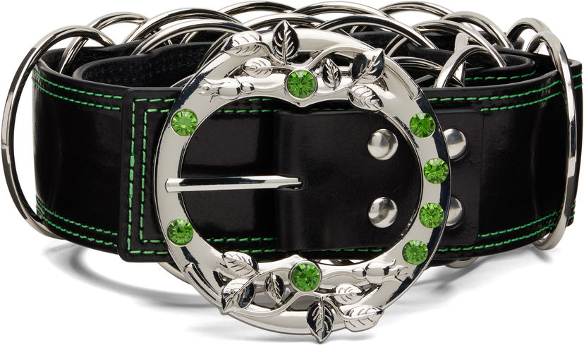 Колани Chopova Lowena Leather Ring Belt with Green Crystal Leaf Buckle and Contrast Stitching Черно | 6717