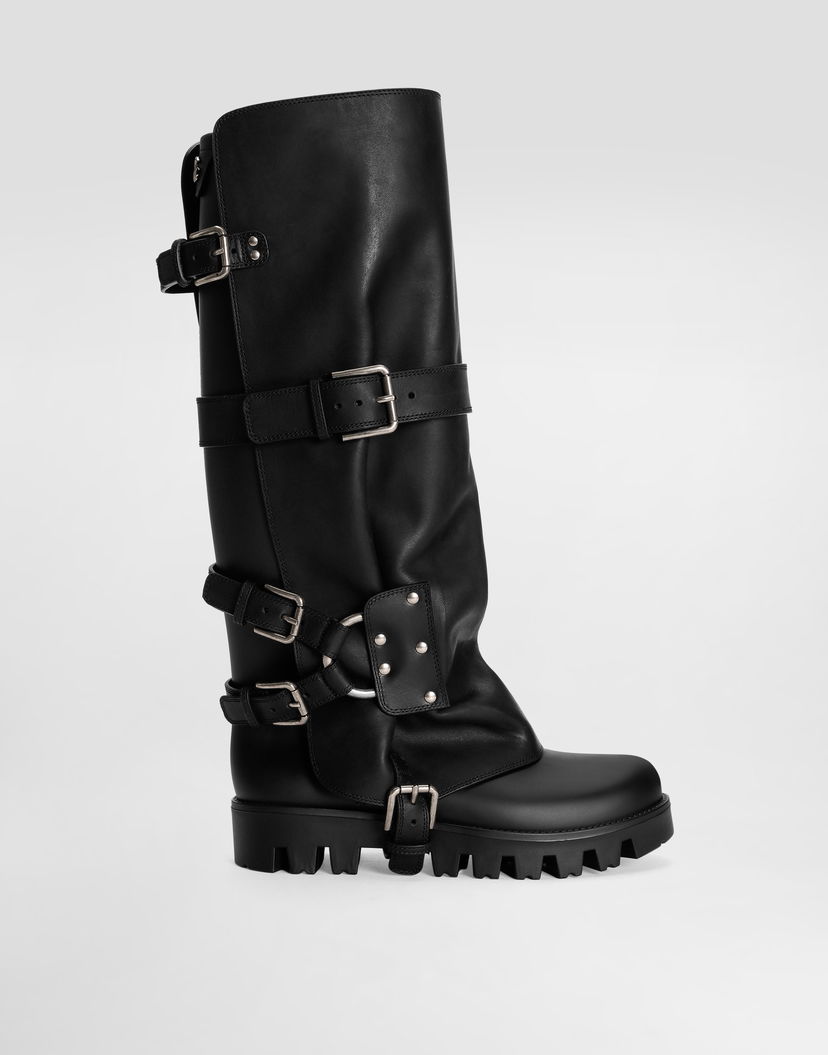 Аксесоари Dolce & Gabbana Dolce & Gabbana Calfskin & Rubber Buckle Knee-High Boots Черно | CU1288AX8728B956