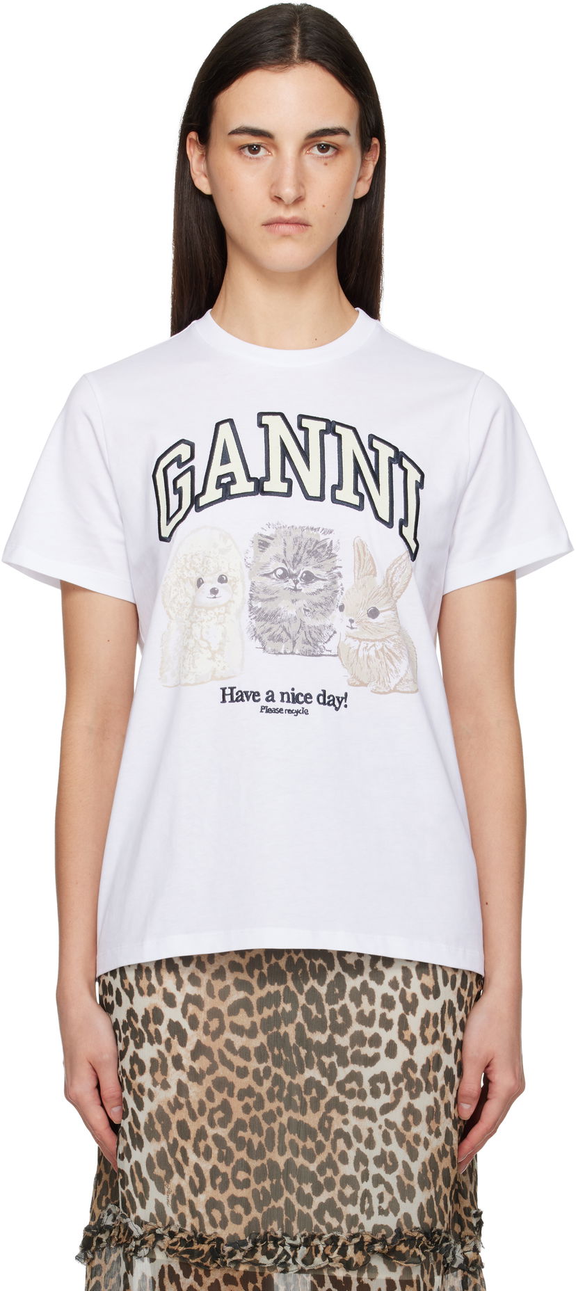 Тениска GANNI Jersey Animals Relaxed T-shirt Бяло | T4237