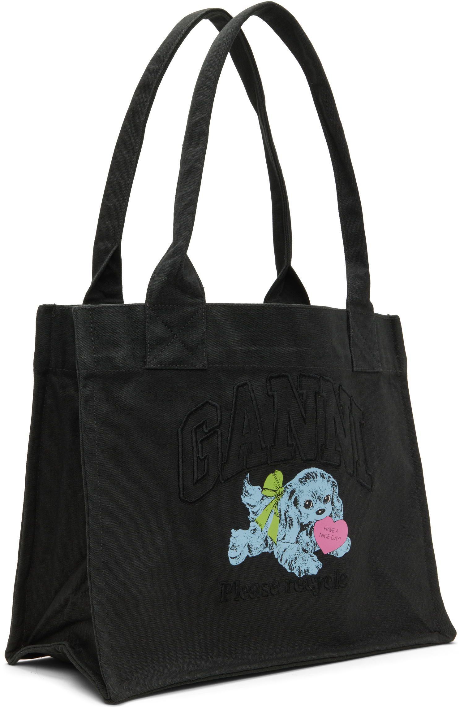 Голяма пазарска чанта GANNI Puppy Graphic 'Please Recycle' Large Tote Черно | A7158, 1