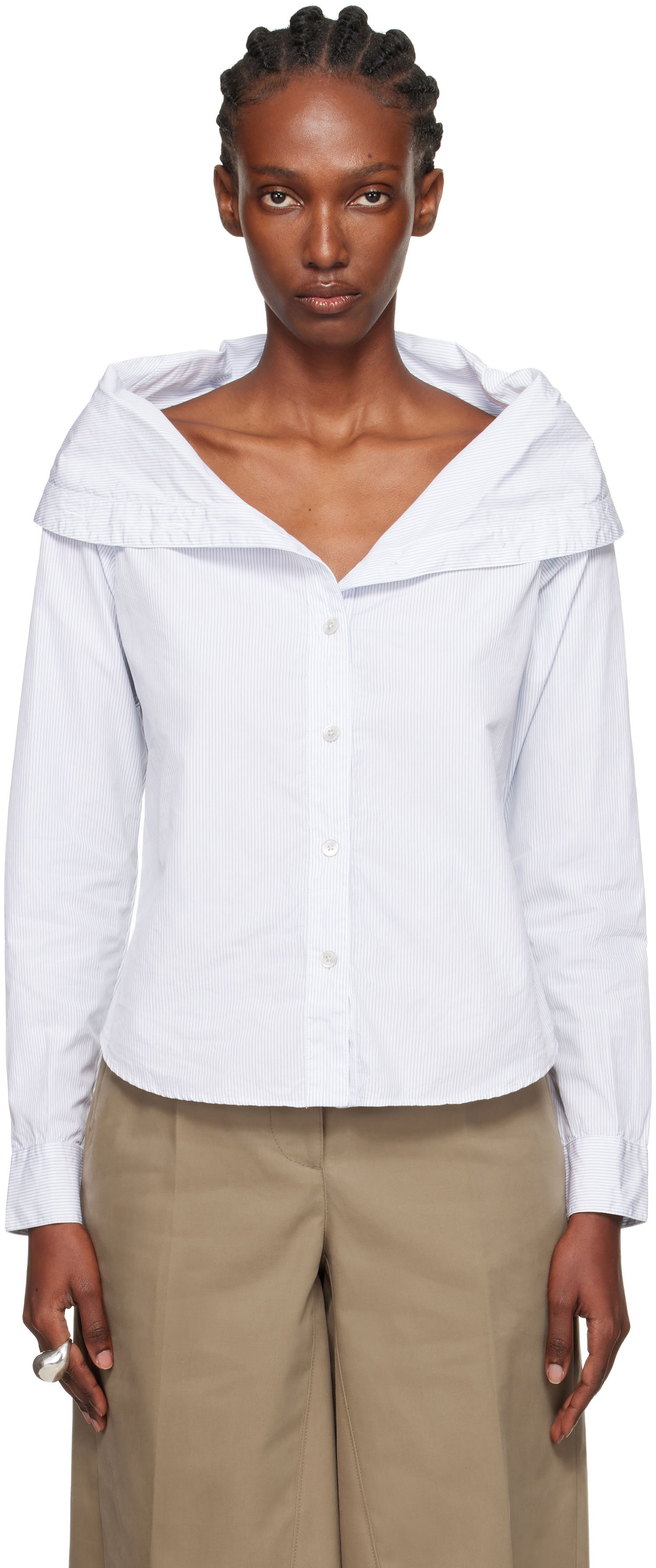 Риза OUR LEGACY Kaonashi Pinstriped Long-Sleeve Off-Shoulder Button-Up Shirt Бяло | W4252KD, 0