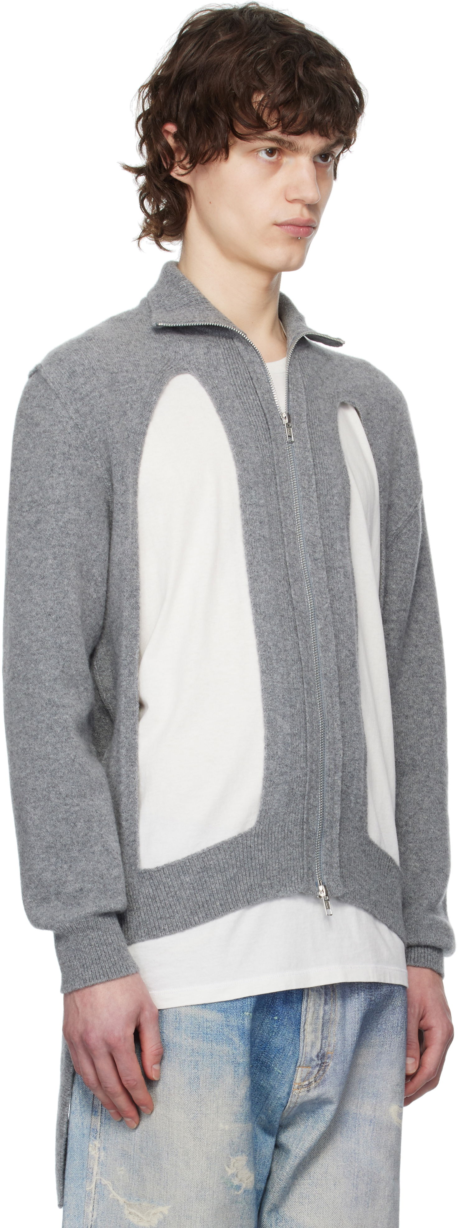 Пуловер Simone Rocha Simone Rocha Zip Up Cut Out Window Cardigan Сиво | LMK4M 0660, 1