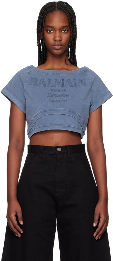 Съкратен топ Balmain Balmain Cropped Couture Embroidered T-Shirt Синьо | EF1EE121BC96, 0