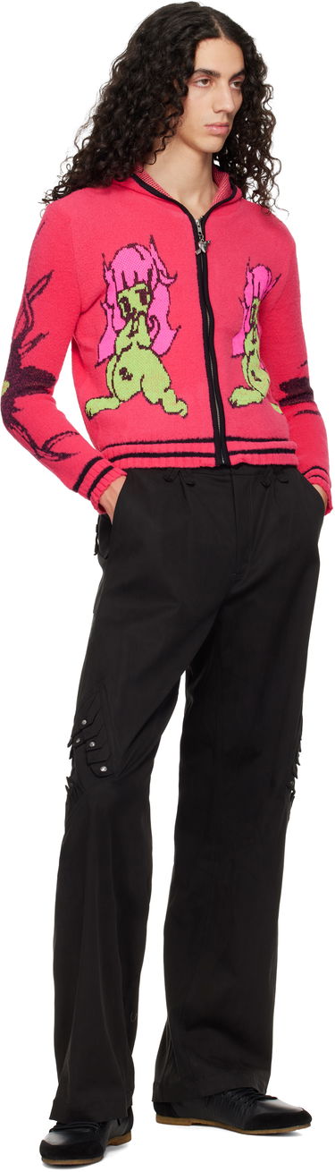 Суитчър Chopova Lowena Full-Zip Graphic Knit Hoodie with Striped Trim 'My Name Is Tiny' Розово | 5255, 3