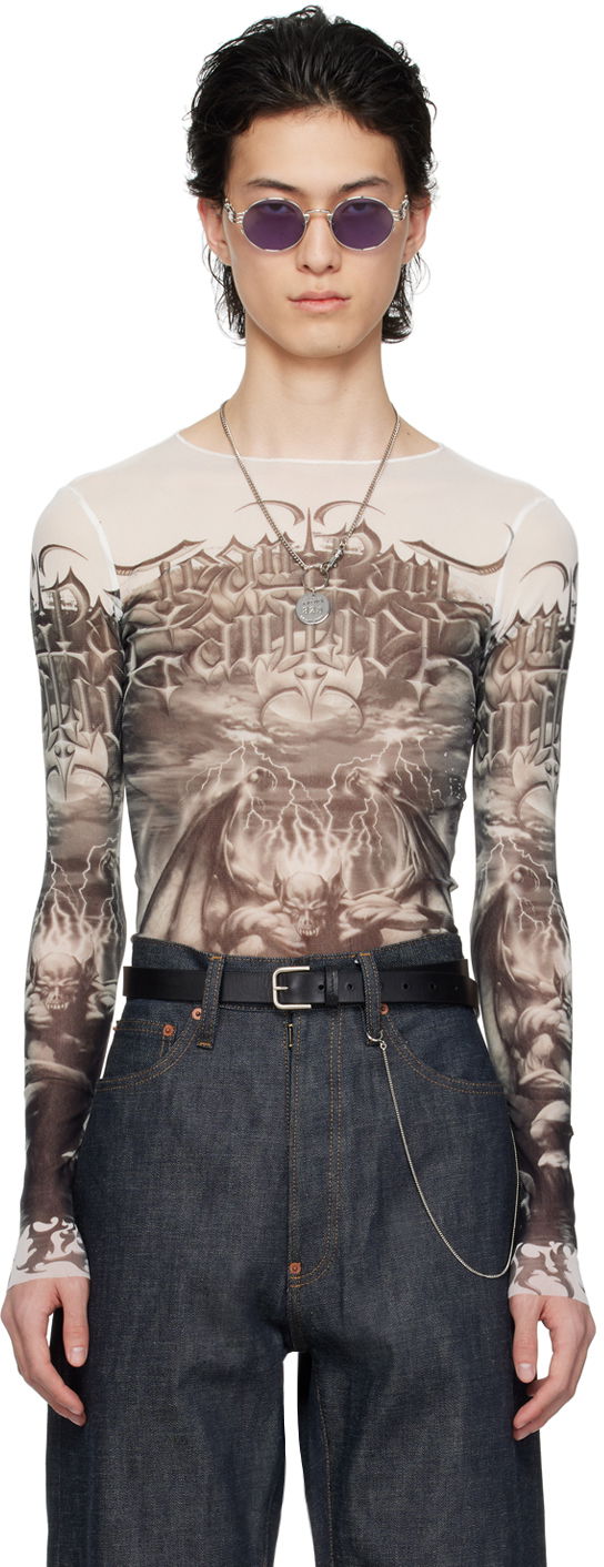 Тениска Jean Paul Gaultier Jean Paul Gaultier 'The Diablo' Graphic Mesh Long Sleeve T-Shirt Бяло | 24/25-U-TO137-T546-0100