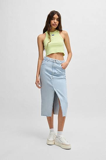 Пола BOSS Denim Midi Skirt with Frayed Hem Синьо | 50534746, 1