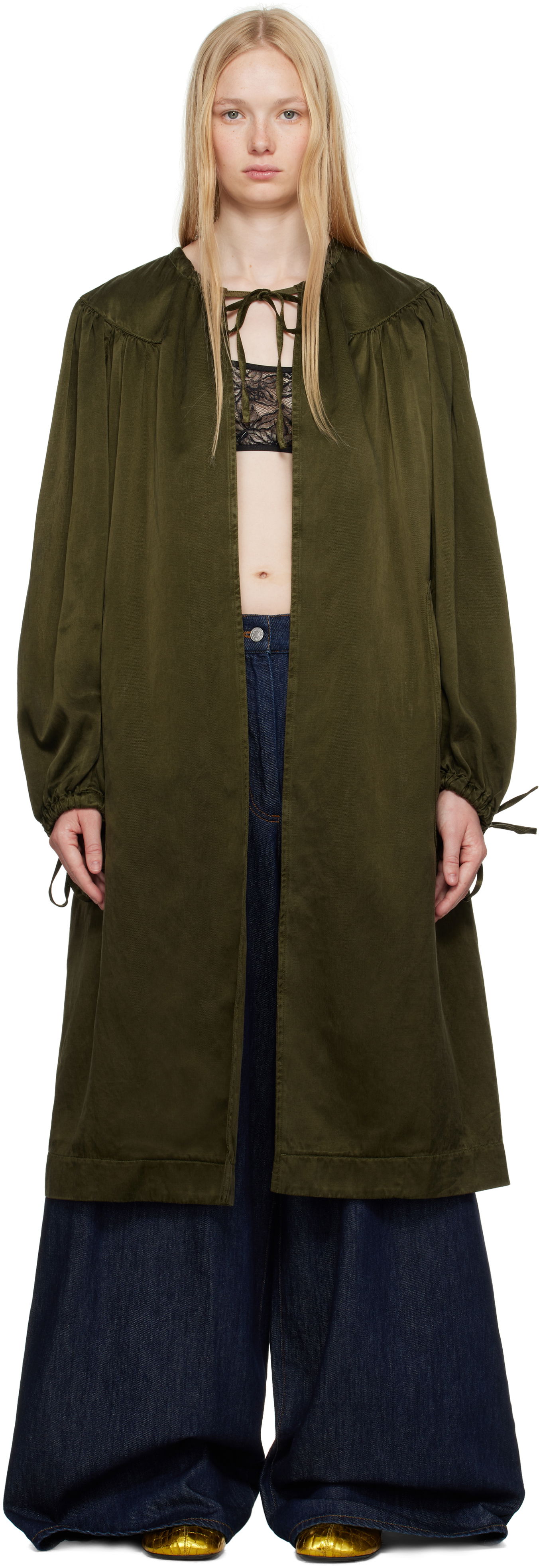 Тренчкот Dries Van Noten Dries Van Noten Gathered Open Front Coat Зелено | 251-010202-1426, 0