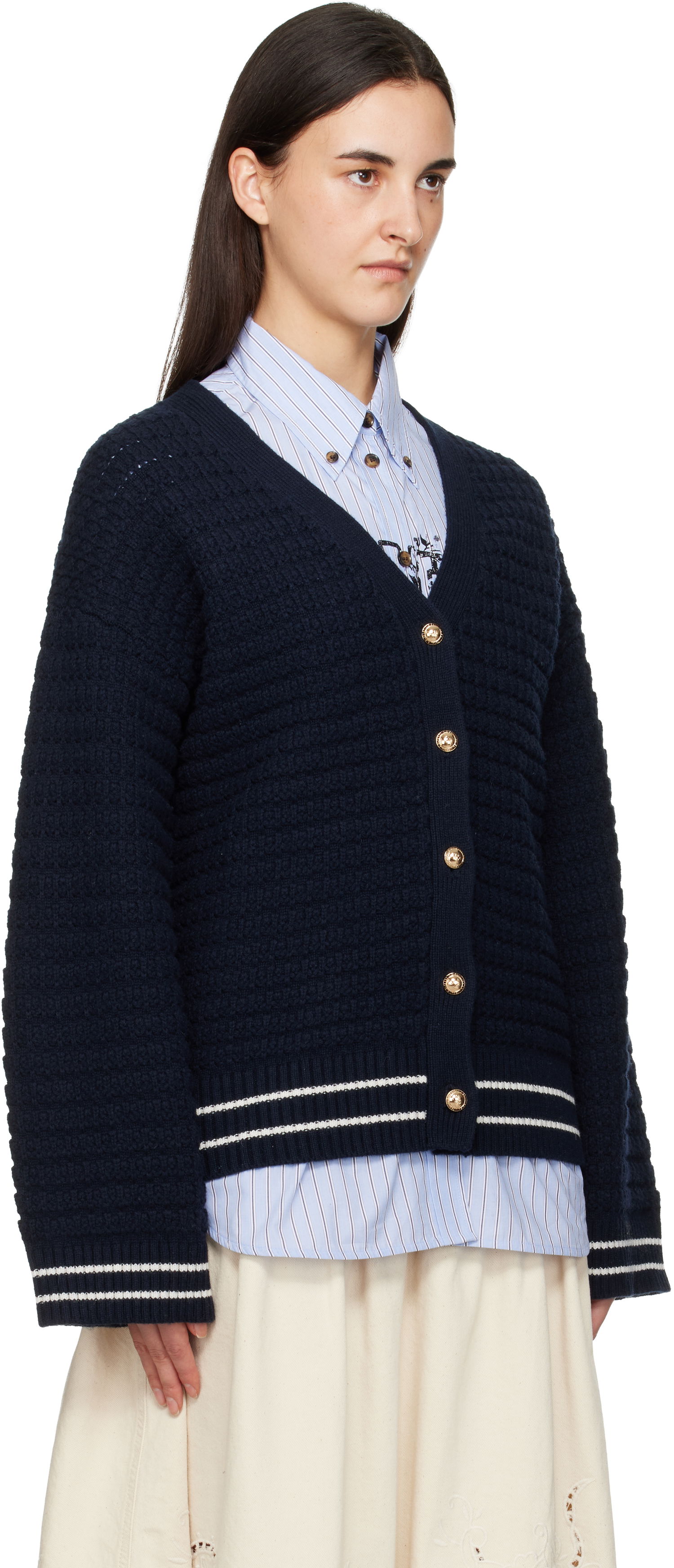 Пуловер GANNI Textured Knit Wool V-Neck Cardigan with Gold-Tone Buttons and Striped Trim Тъмно синьо | K2634, 1