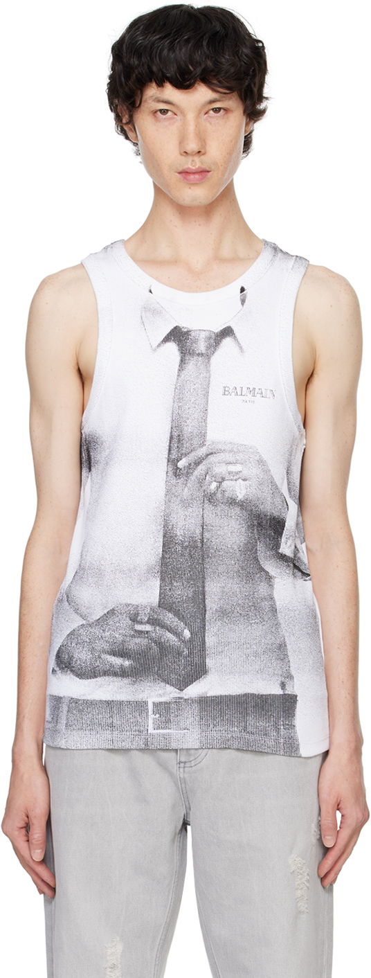 Потник Balmain Ribbed Tie Print Tank Top Бяло | DH0EB007GE08