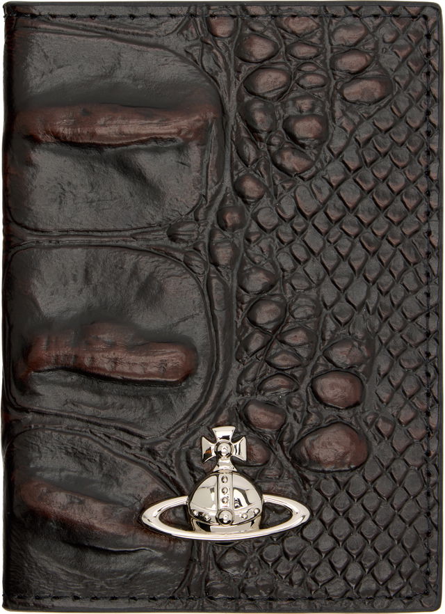 Embossed Crocodile-Effect Vertical Card Holder with Orb Logo