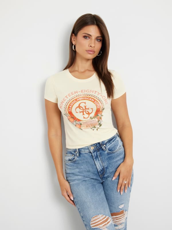 Тениска GUESS Front Logo Stretch T-Shirt Бежово | W4YI43KA0Q1