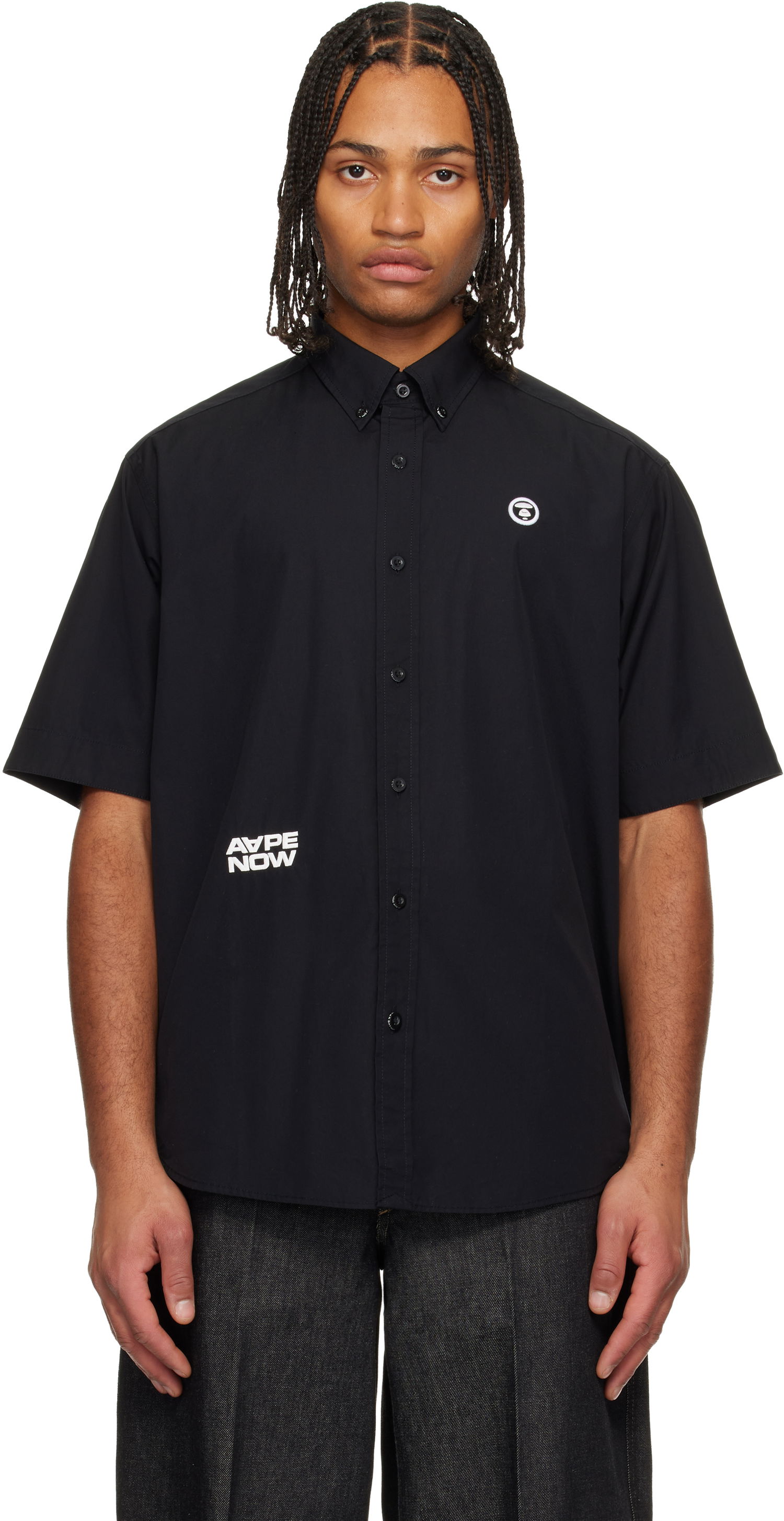 Риза AAPE by A Bathing Ape 'AAPENOW' Moonface Logo Short Sleeve Button-Up Shirt Черно | AAPSRM8518XXNBKX, 0