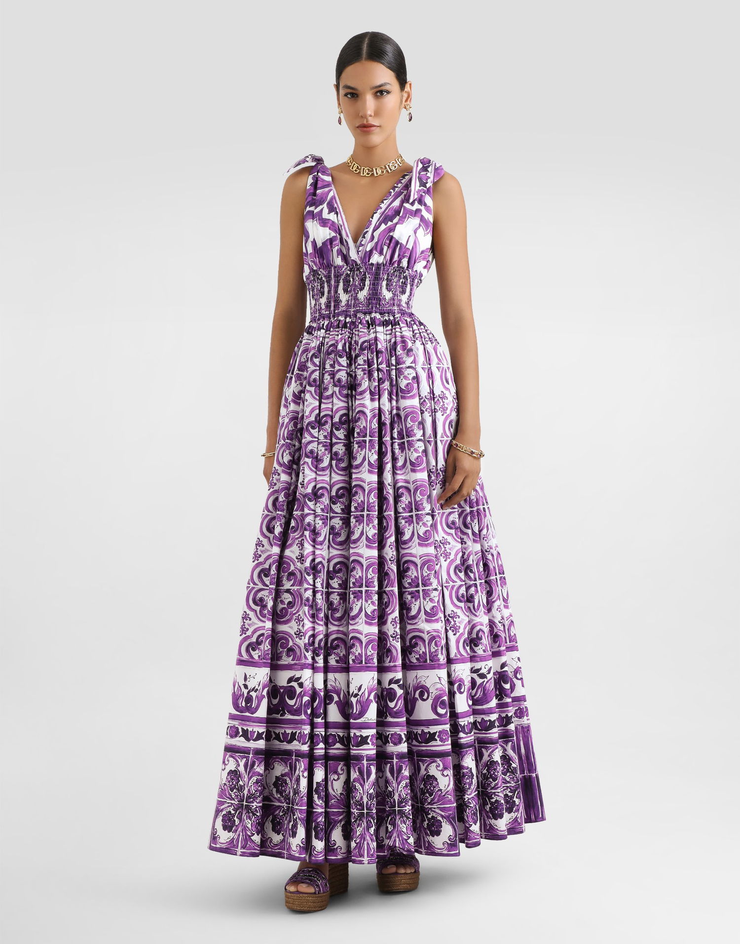 Pокля Dolce & Gabbana Dolce & Gabbana Majolica-Print Poplin Maxi Dress Лилаво | F6TYSTHH5ENIP3TN, 1