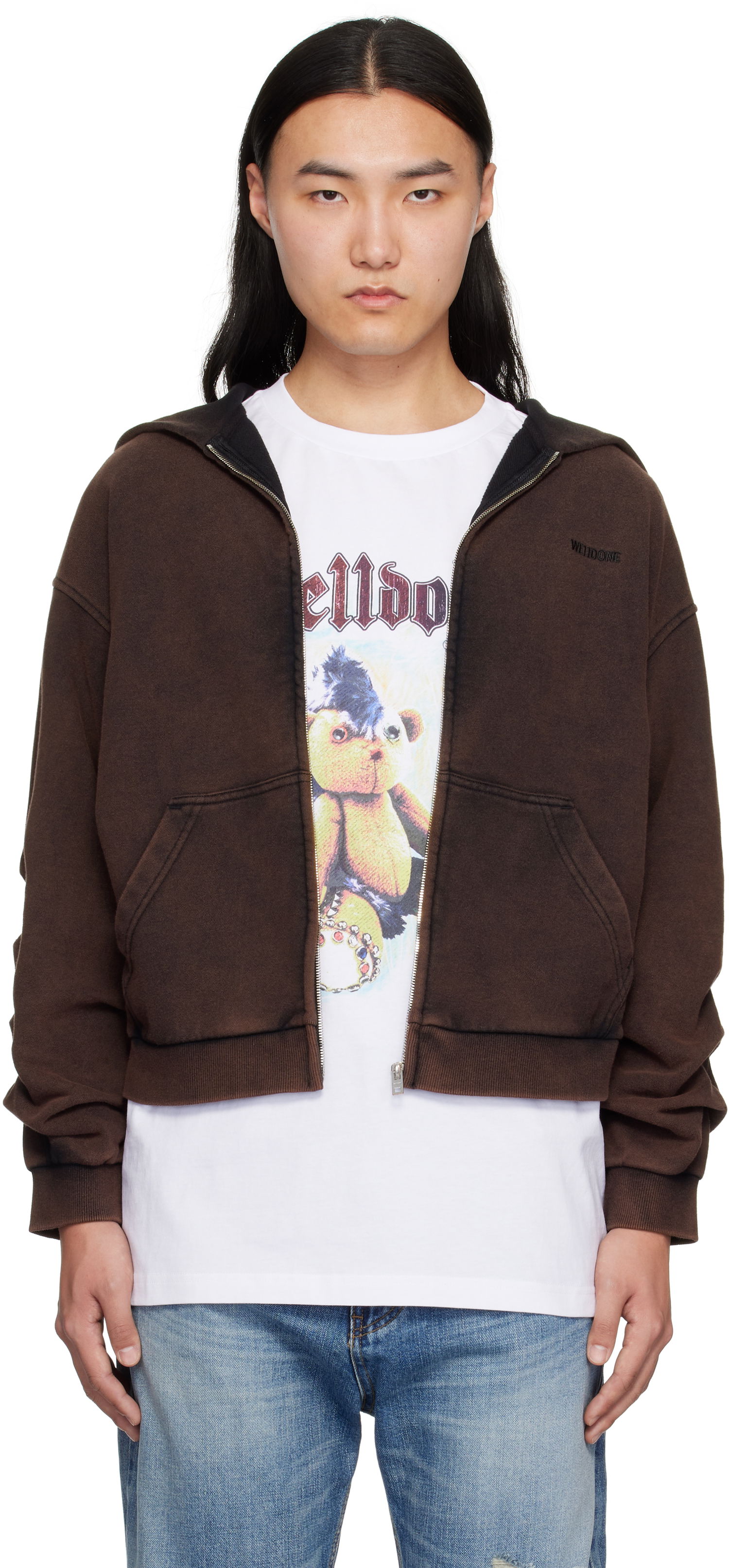 Суитчър We11done We11done Wrinkled Zip-Up Hoodie Кафяво | WD-TJ0-25-830-U-BK, 0