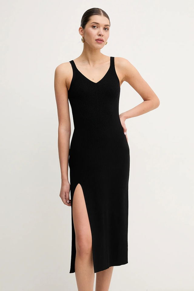 Lacoste Midi Knit Dress with V-Neck and Slit