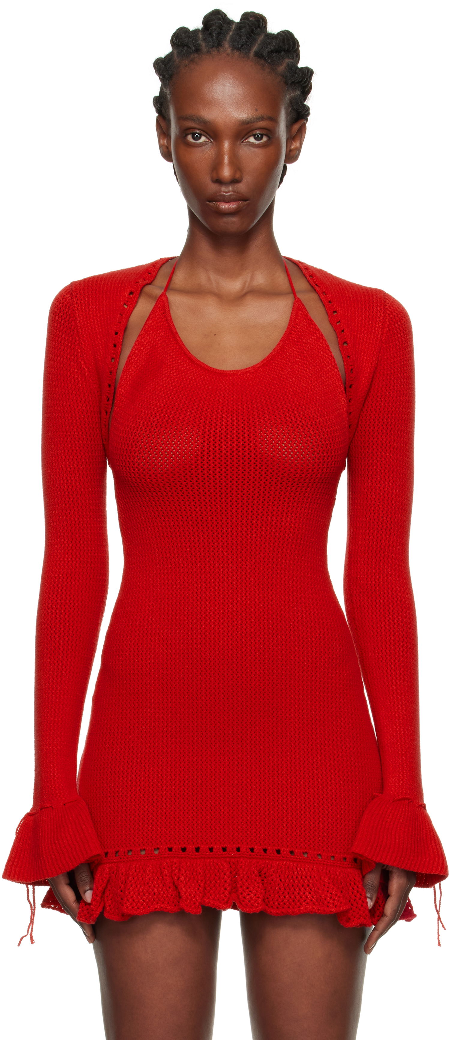 Пуловер GUIZIO Guizio Crochet Ruffle Sleeve Bolero Cardigan Червено | P25705S019, 0